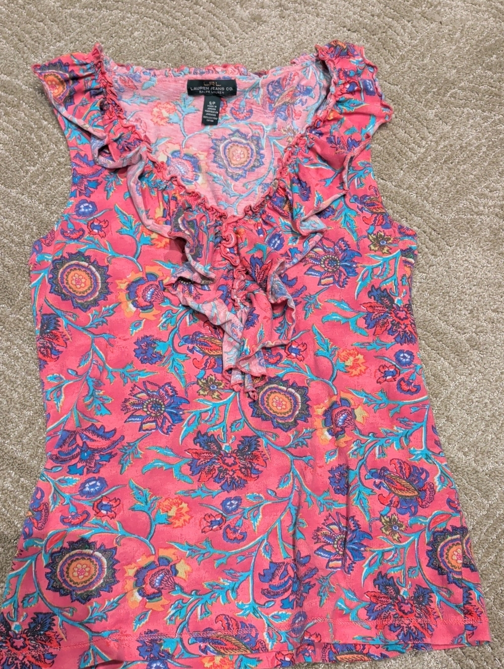 Lauren Ralph Lauren Coral Pink Floral Ruffle Camisole